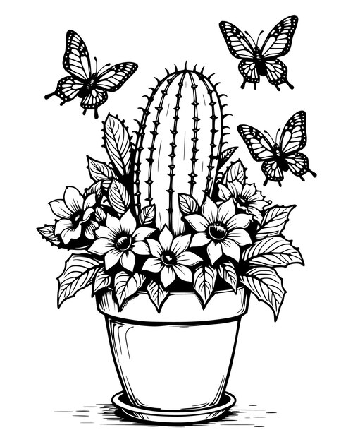 Vector cactus in a flowerpot giant butterflies hovering over the flowers coloring page