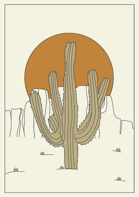 Cactus illustration wild west desert vintage design Cacti plant with sun logo vector line art minimalist symbol illustration design vintage tag design