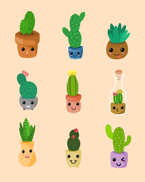 Cactus Kawaii. Kawaii succulent or cactus plant set.