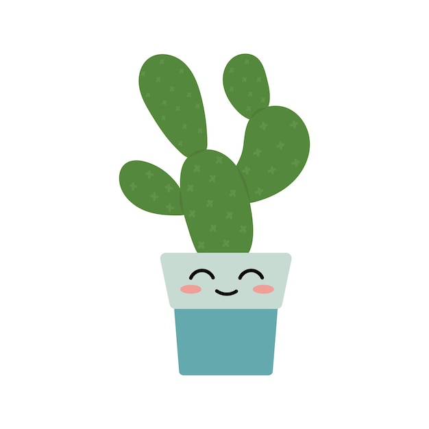 Cactus plant in pot with cute face Indoor plant in a flat style Vector illustration