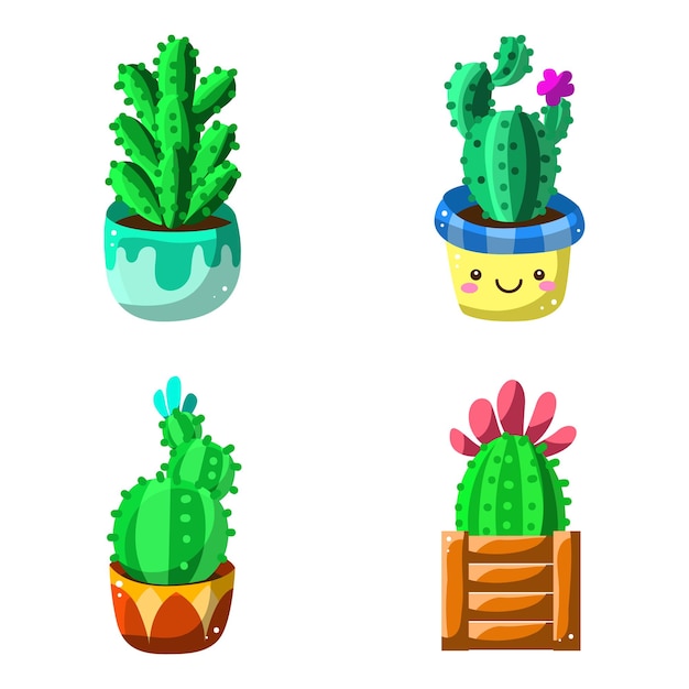 Cactus plants set vector in brown pot Succulent vector illustration isolated on white background