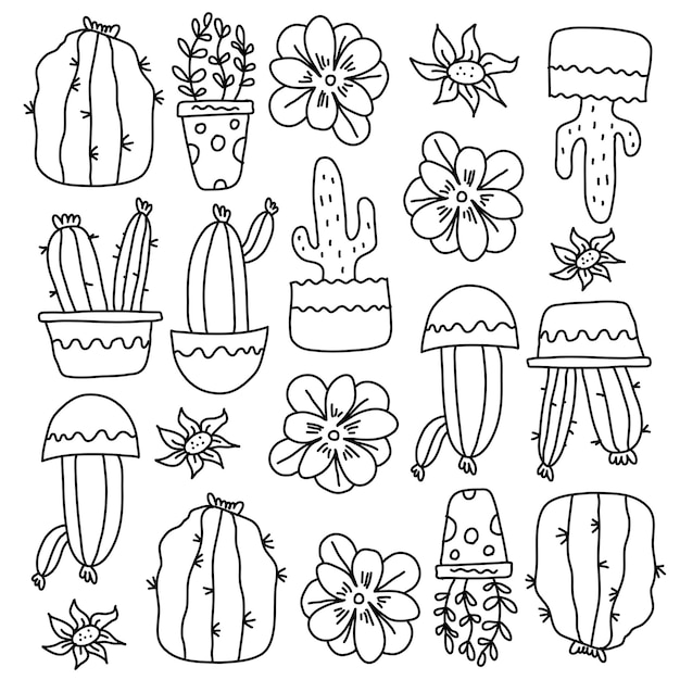 Cactus plants set with doodle line style vector