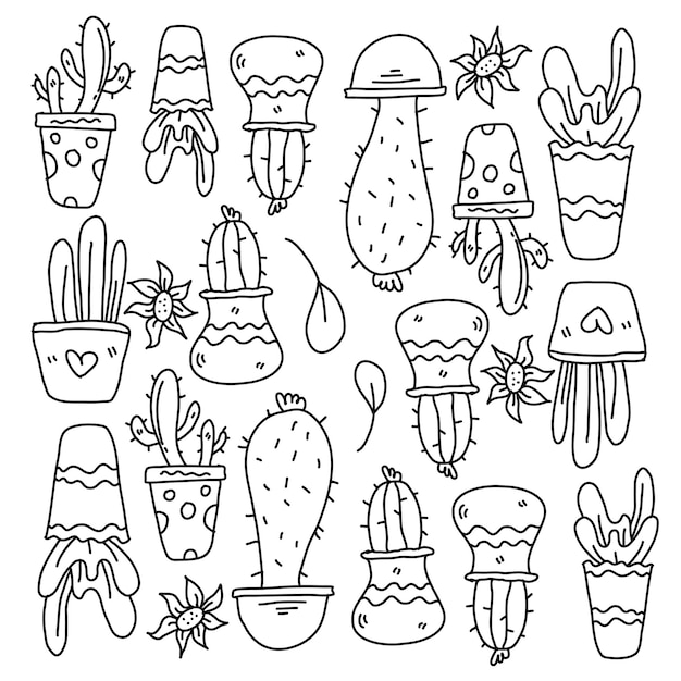 Cactus plants set with doodle line style vector