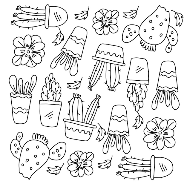 Cactus plants set with doodle line style vector