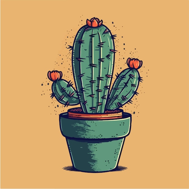 Cactus in a pot with red flowers on a green background vector art illustration