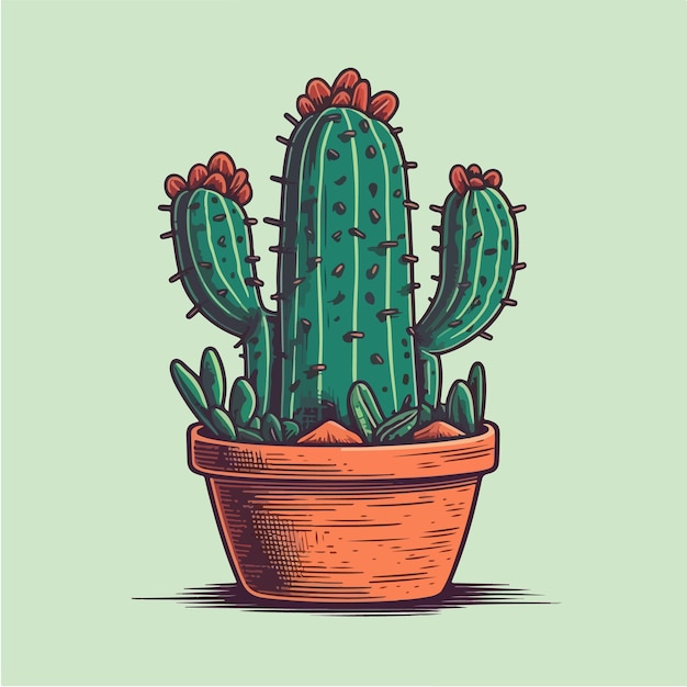 Cactus in a pot with red flowers on a green background vector art illustration