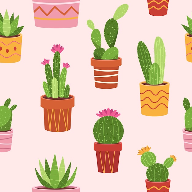 Cactus in pots seamless pattern