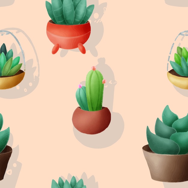 Cactus seamless background. Cute watercolor cactus painting.