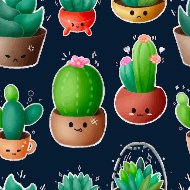 Cactus seamless background. Cute watercolor cactus painting.