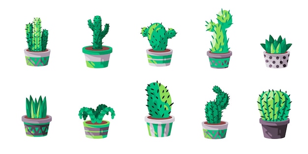 Cactus set collection potted icon cartoon illustration indor gardening mexican cacti