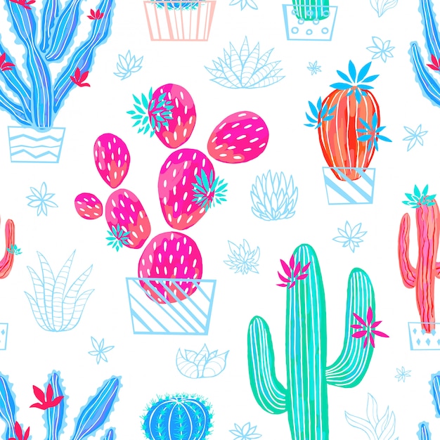 Cactus succulent wild seamless pattern flowers colorful watercolor bright collections. Houseplant beautiful trendy pattern on white background. Hand drawn.