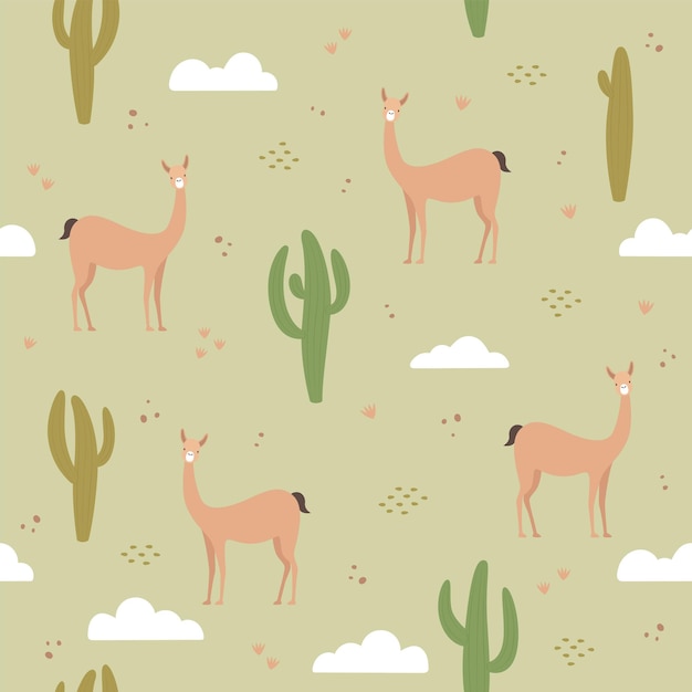 Cactus and vicunas seamless pattern