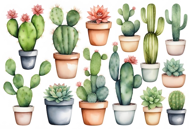 Vector cactus watercolor illustrationsucculent and cacti prints elements