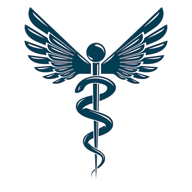 Caduceus medical symbol, graphic vector emblem created with wings and snakes.