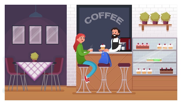 Cafe casual interior with people Flat vector illustration Customer with a cup of coffee