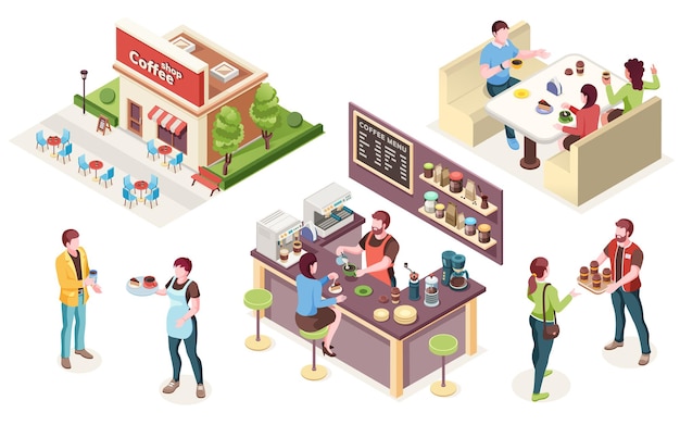 Cafe coffee shop isometric people and interior