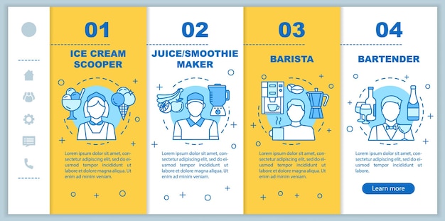 Cafe &amp; fast food part-time job onboarding mobile web pages vector template. Responsive smartphone website interface idea with linear illustrations. Webpage walkthrough step screens. Color concept