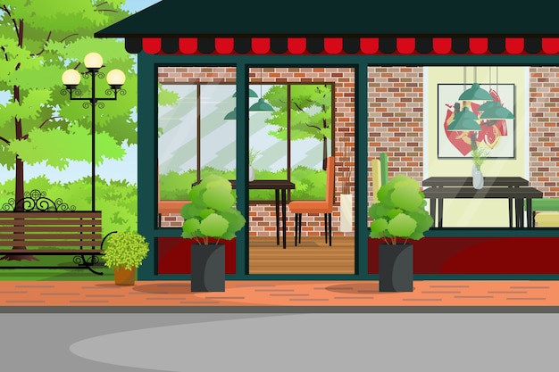 Cafe Interior and Exterior Illustration With Garden View in Yard. Vector Illustration