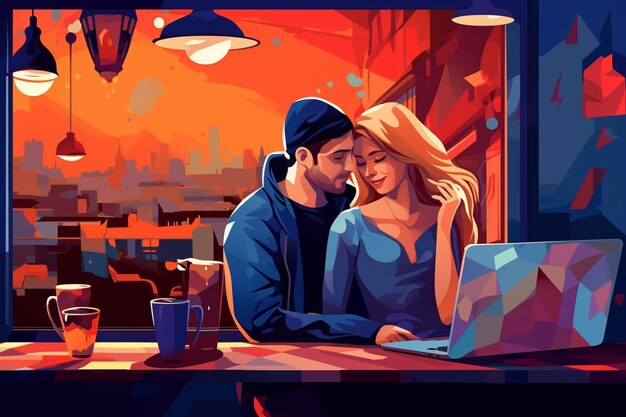 Cafe Scene with Couple and Laptop