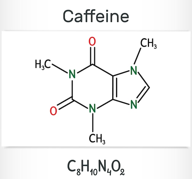 Vector caffeine alkaloid molecule structural chemical formula and molecule model