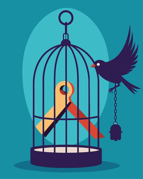 Vector a caged bird desperately trying to break free from its captor who holds the key to its release but