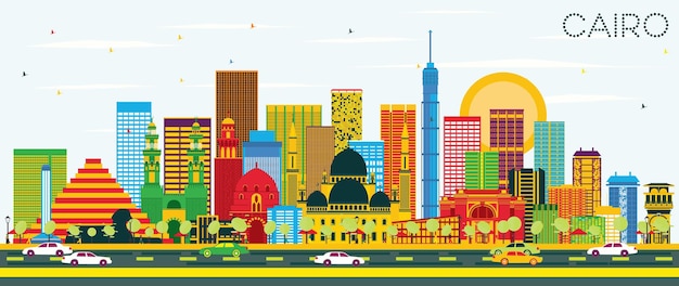 Cairo Skyline with Color Buildings and Blue Sky. Vector Illustration. Business Travel and Tourism Concept with Historic Buildings. Image for Presentation Banner Placard and Web Site.