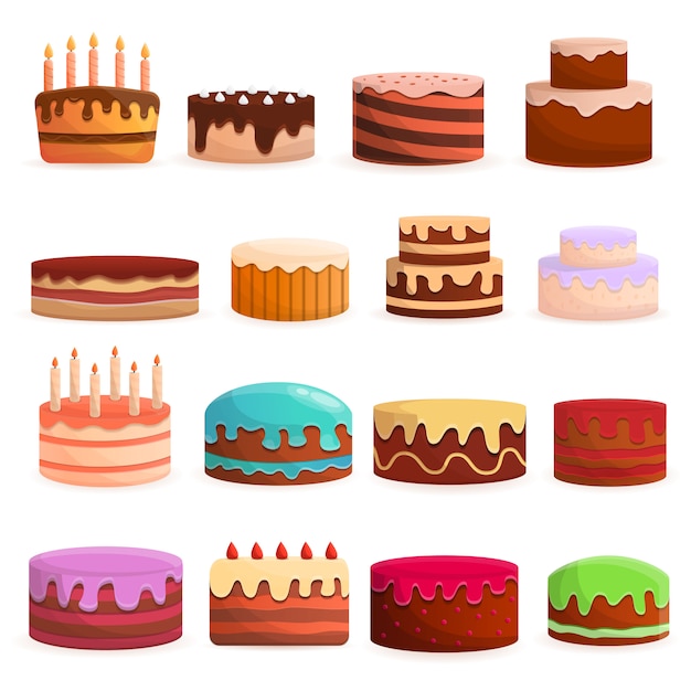 Cake birthday icon set. Cartoon set of cake birthday vector icons for web design