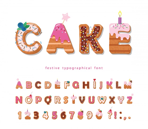 Cake cartoon font. Cute sweet letters and numbers for birthday design.