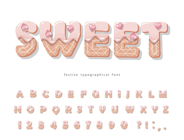 Cake cartoon font. Cute sweet letters and numbers