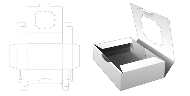 Cake container box with multi-point star window die cut template