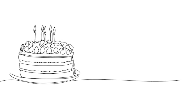 Cake one line continuous Cake with candles line art Outline Happy Birthday cake Vector illustrati