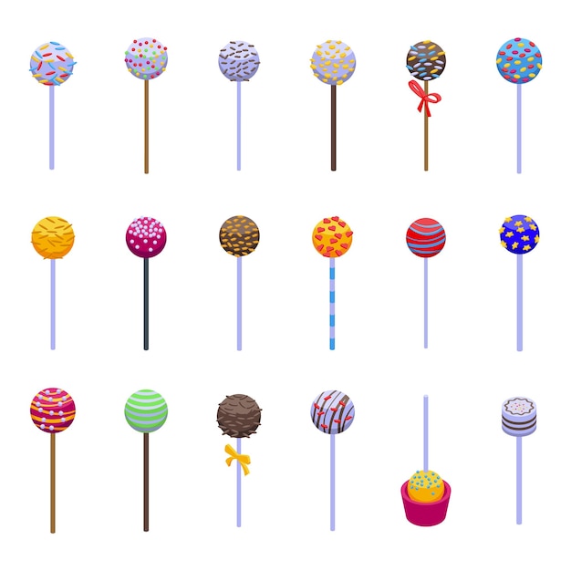 Cake pops icons set isometric vector Bar dessert