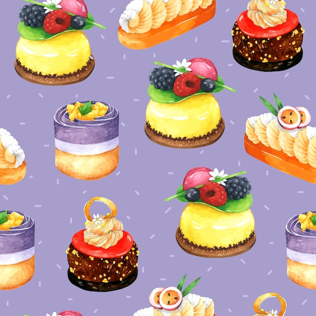 Cake Seamless Pattern in watercolor with Violet Background