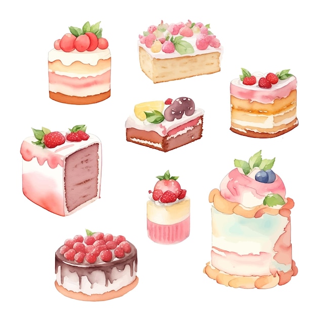 Cake set Watercolor hand drawn illustration isolated on white background