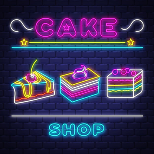 Cake Shop - Neon Sign Vector. Cake Shop - neon sign on brick wall background