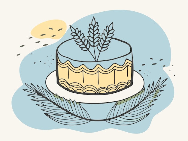 Vector a cake with a cake on top of it and a circle of wheat in the middle