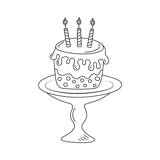 Cake with candles on a plate in doodle style Birthday celebration holiday party concept