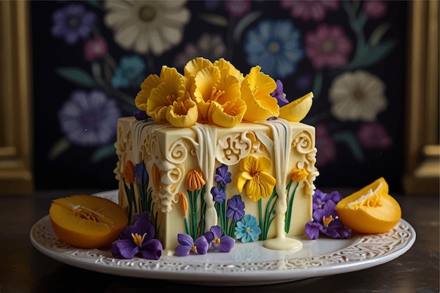 Vector a cake with flowers and a lemon on it