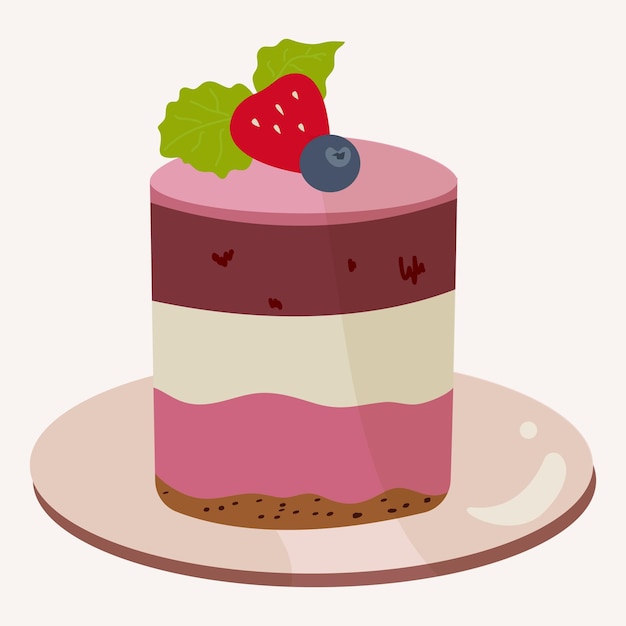 Cake with several layers of cream and strawberries and blueberries on top vector illustration