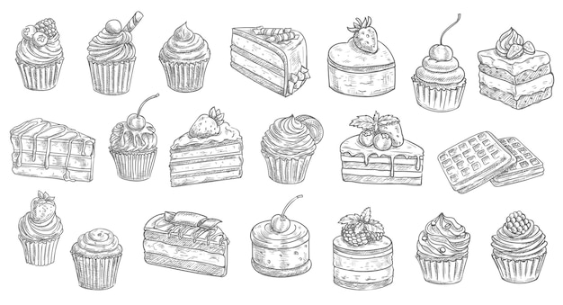 Cakes and cheesecakes sketch, pastry desserts and sweet food