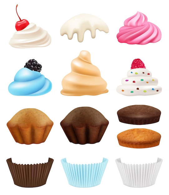 Cakes collection. Realistic cupcakes creation kit muffin cream fruits chocolate birthday holliday symbols 3d