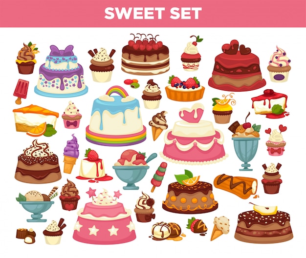 Cakes and cupcakes pastry desserts set