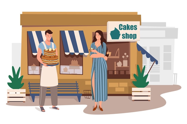 Cakes shop building web concept. Woman buys fresh dessert at store. Pastry chef sells his products. Buyer standing at entrance