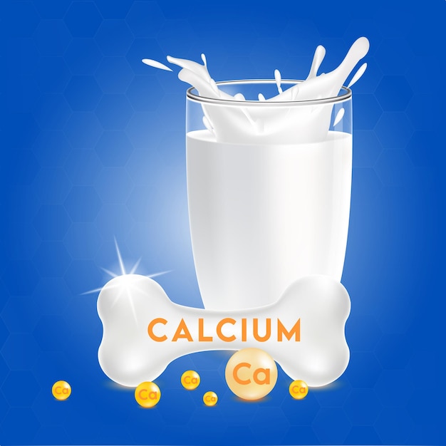 Calcium bones and a glass of milk are placed side by side. Calcium Mineral and vitamin complex. Dietary supplement bone, Medical or healthcare concept.