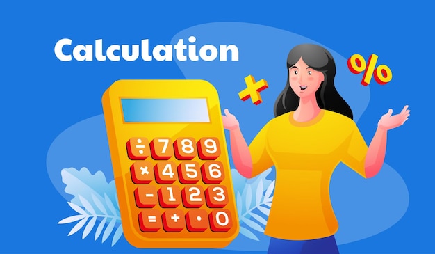 Calculation illustration with woman makes count making finance report