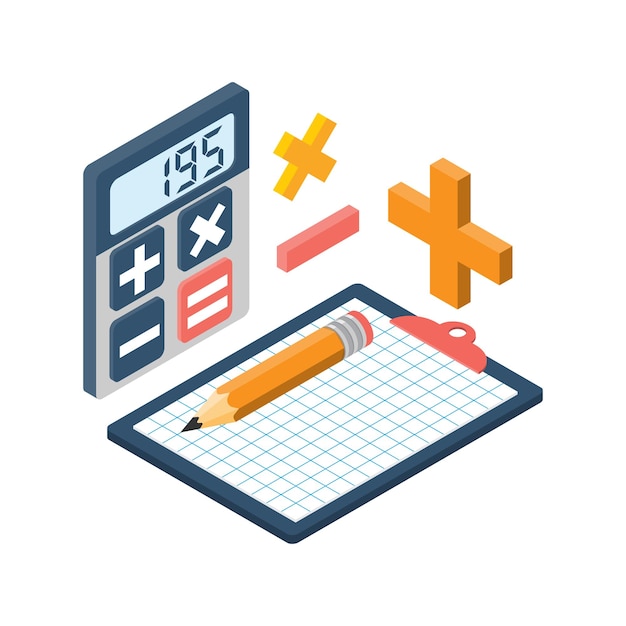 Calculation isometric Vector illustration isometric flat design style Financial accounting concept Calculator clipboard pencil Isolated objects Mathematic concept