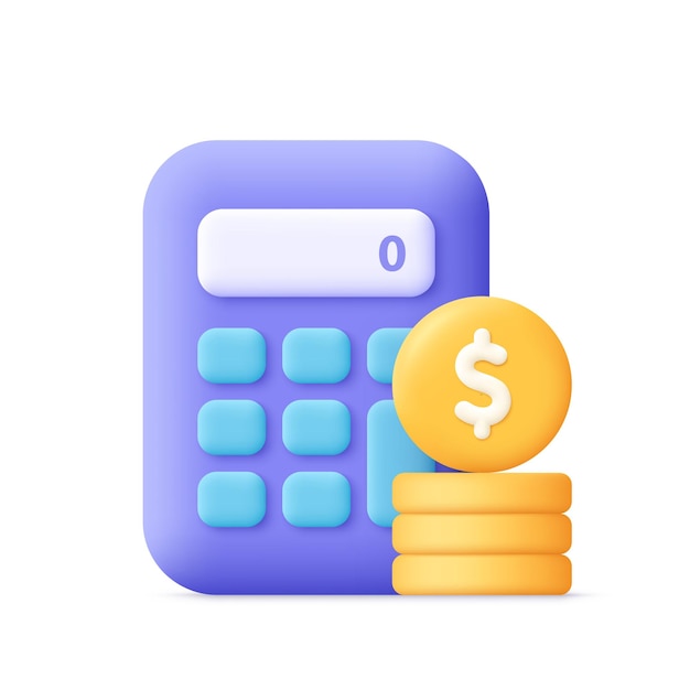 Calculator and coin money stack with dollar sign 3d vector icon Cartoon minimal style