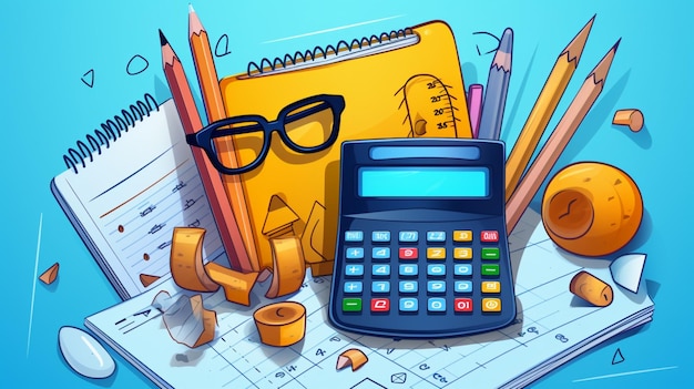 a calculator with glasses and a calculator on top of it