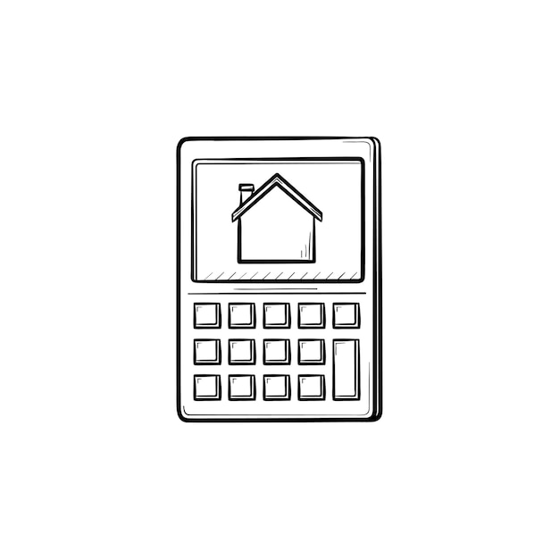 Calculator with house symbol hand drawn outline doodle icon. Rent saving, bill payment, mortgage loan concept