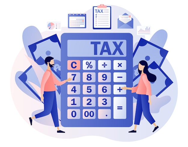 Calculator with Tax payment Business concept Tiny people filling tax form and pay bills Financial